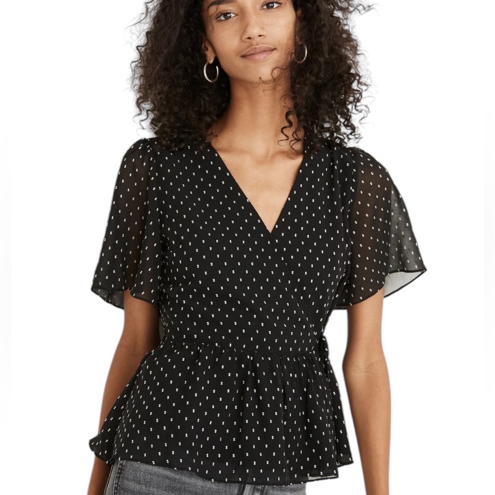 MADEWELL FLUTTER SLEEVE Black PEPLUM VNECK Blouse top XXS